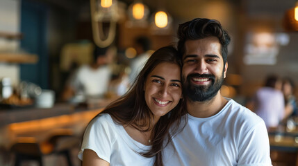 Obraz premium young indian couple standing at luxurious restaurant