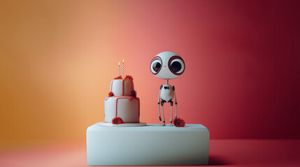 Cute robot character with big eyes, Halloween birthday party