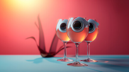 illustration of a glass of wine  with big eyes, a Halloween birthday party