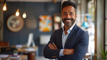 Fototapeta premium portrait capturing the essence of a successful businessman's journey within the vibrant ambiance of a modern startup office.
