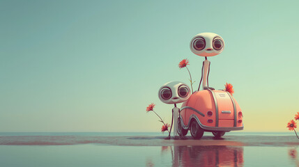Two cute robot characters with big eyes, travel minimal concept, bright background with copy space