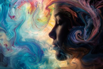 Abstract Dreamy Spa Portrait - Woman's Sensory Journey with Calming Scents and Colors - Ideal for Wellness Posters, Prints