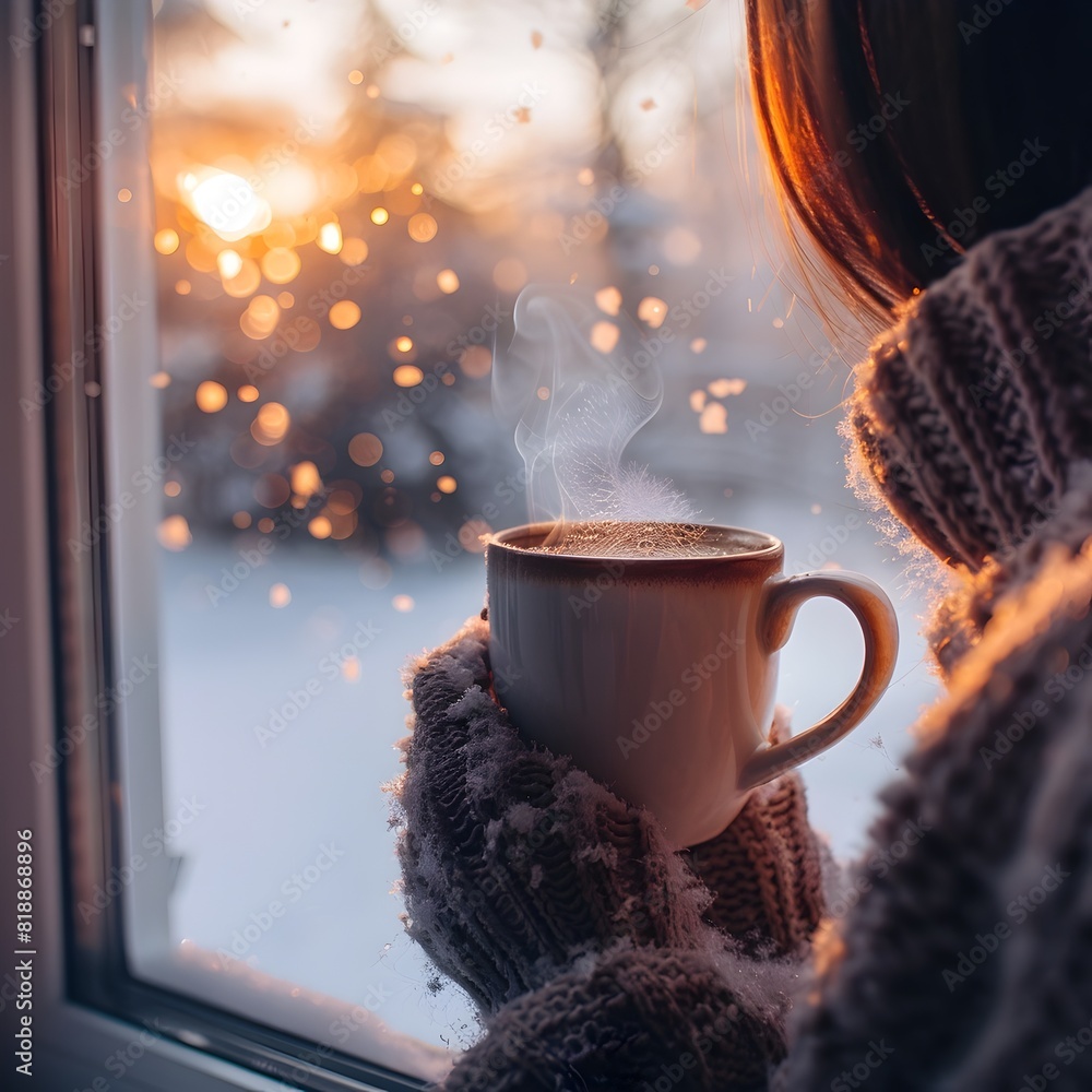 Poster Cozy Winter Moment with Steaming Mug of Coffee by Snowy Window