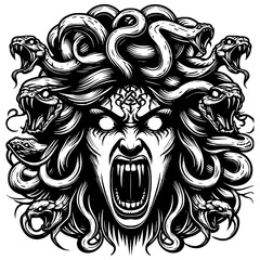 Angry medusa, medusa head vector, tattoo design serpent and medusa. © Koko