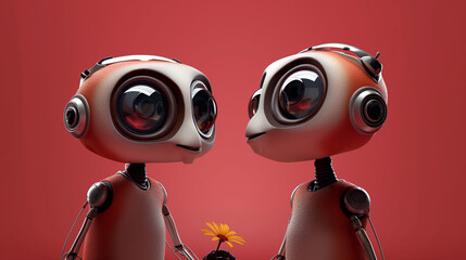 Two cute robot characters with big eyes and a  flower, a minimal concept