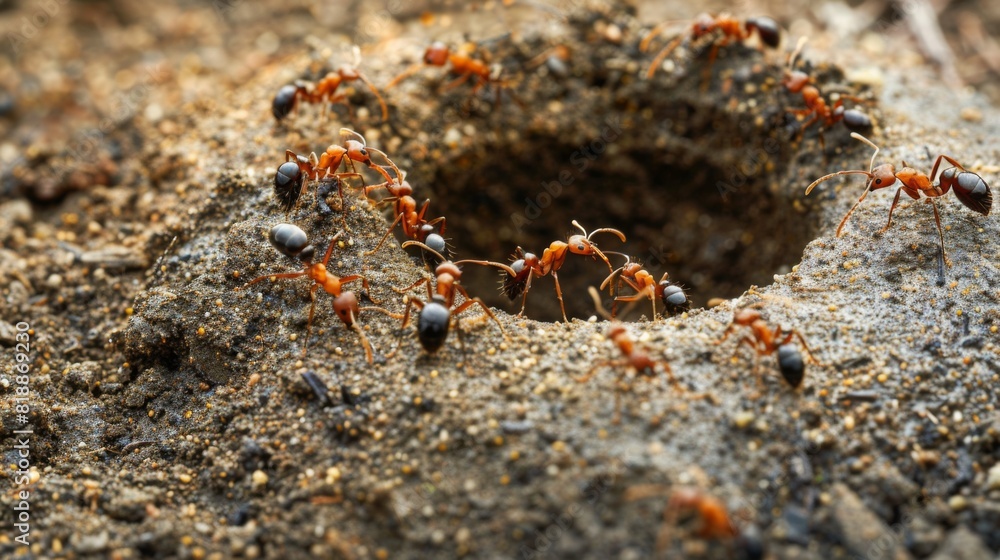 Poster group of ants working together to build an anthill in the soil