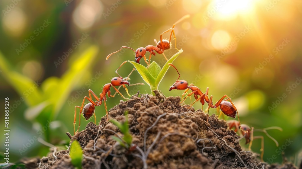 Poster Group of ants working together to build an anthill in the soil