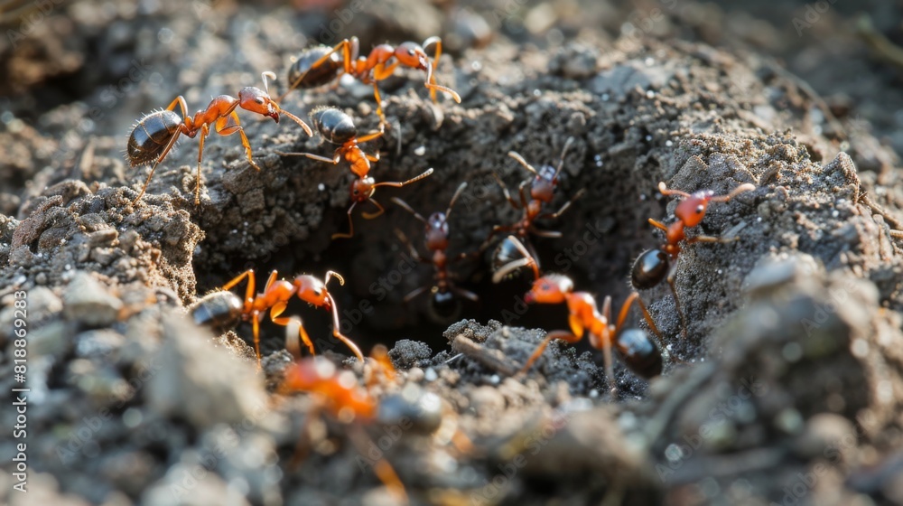 Poster Group of ants working together to build an anthill in the soil
