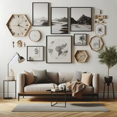 A living Room with a mockup poster empty white and with a couch and pictures on the wall art attractive art harmony.