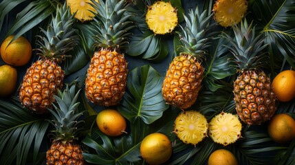 Fototapeta premium Pineapple tree with pineapple and leaves 