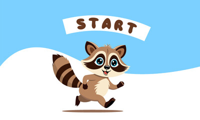Vector cartoon funny cute kind little smiling running raccoon. Athletic beautiful animal. Start. Cover or sticker. White blue wavy background.