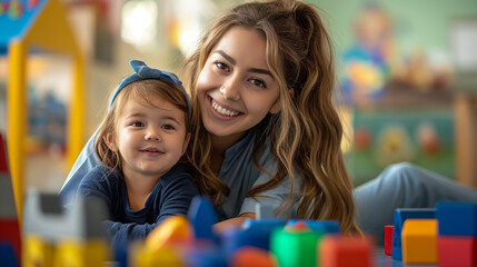 blonde female childcare worker helping and playing with kids, women occupation, ladies at work
