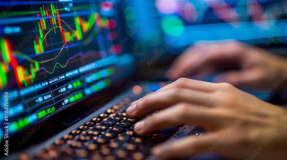 Leinwandbilder hands of a trader typing on a keyboard with financial graphs on the screen