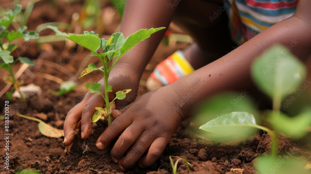 Poster hands of a child planting a tree as part of an educational initiative on climate change