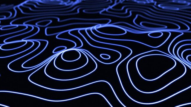 3D digital landscape of nature. Looped linear tech neon blue mountains on a black background. Scanning a map of the area, searching for a location. Vector hills, plains and depressions of the earth. S