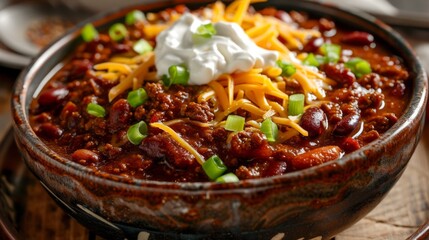 Hearty bowl of chili topped with shredded cheese, sour cream, and chopped green onions
