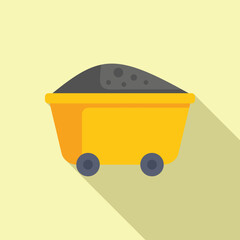 Flat design illustration of a yellow mining cart full of coal, featuring a long shadow on a beige background