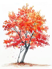 Fototapeta premium An illustration of a tree with red and orange leaves on a white background. The leaves are falling from the tree.