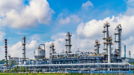 Obraz premium Sprawling Industrial Refinery with Tall Stacks Against Bright Cloudy Sky