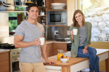 Home, morning and couple with coffee, portrait and break together with happiness and love. Kitchen,...