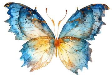A beautiful watercolor painting of a blue and yellow butterfly.
