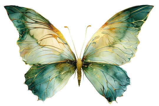 Fototapeta A beautiful watercolor painting of a butterfly with teal and gold accents