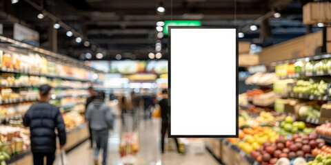 Obraz premium A blank white billboard poster stand on the counter of a bakery with people in background