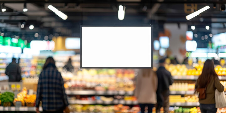 A blank white billboard poster stand on the counter of a bakery with people in background