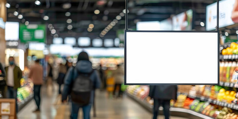 Obraz premium A blank white billboard poster stand on the counter of a bakery with people in background