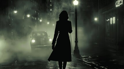 Vintage Film Noir Woman in Trench Coat Walking Through Misty Nighttime City Street - Cinematic Urban Scene