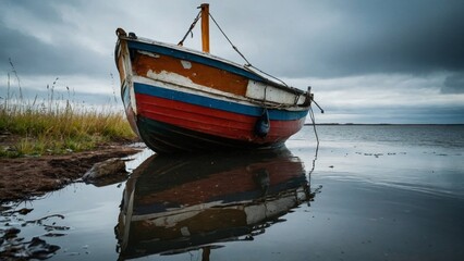 A fishing schooner on the shore of a picturesque bay.