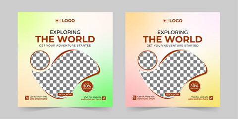 Editable traveling social media post banner and adventure tour holiday tourism marketing promotion advertising banner design template.