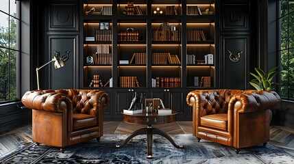 Sophisticated Executive Office with Leather Furniture and Bookshelves for Product Presentation and Accessory Display