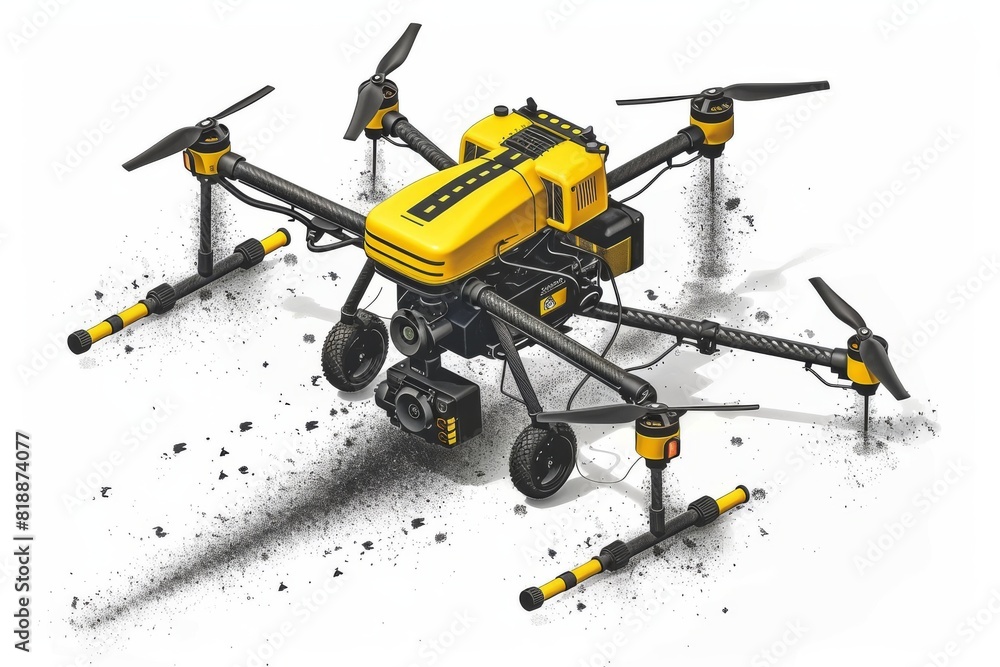 Poster drone crop management in small-scale farm layout with stock photo sensor for cultivation and drone s