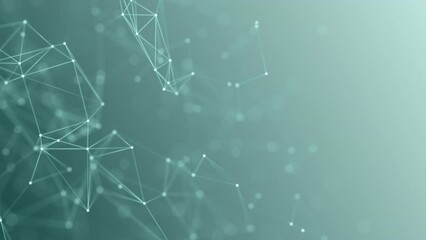 Abstract network connections on green gradient background. Looped neural networks, points connected by lines move chaotically on a turquoise background. Chemical formula, plexus effect. Futuristic