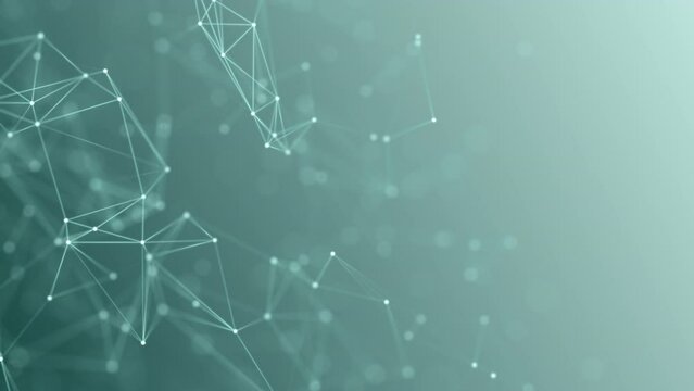 Abstract network connections on green gradient background. Looped neural networks, points connected by lines move chaotically on a turquoise background. Chemical formula, plexus effect. Futuristic