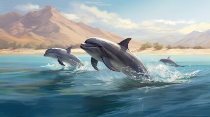 Fototapeta premium Three dolphins joyfully leap out of the clear blue ocean near a mountainous coastline under a sunny sky.