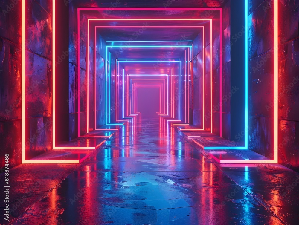 Poster glowing neon geometric backdrop for futuristic tech product presentation and display