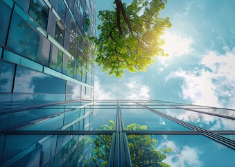 Modern Reflective Glass Building with Tree and Clouds in the Blue Sky