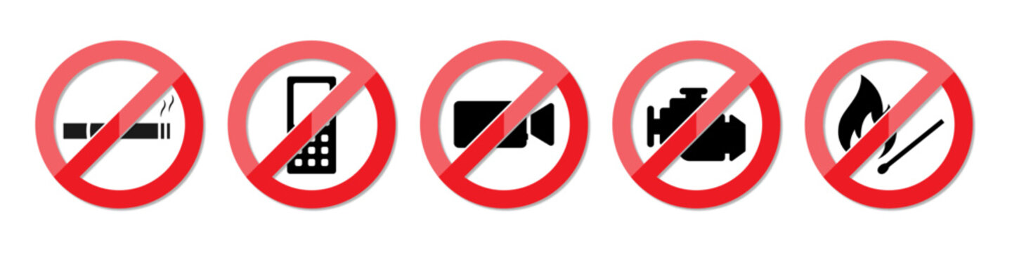 No smoking area, no fire, no cellphone, stop engine restriction ban symbol. Petrol pump safety rules icon set. Warning sign for gas and petroleum in black and white color with shiny effect.