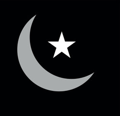 Moon and star. Black icon of moon for night. Pictogram of crescent and star. Logo for sleep and baby. Celestial symbol isolated on white background. Illustration for goodnight and ramadan. Vector