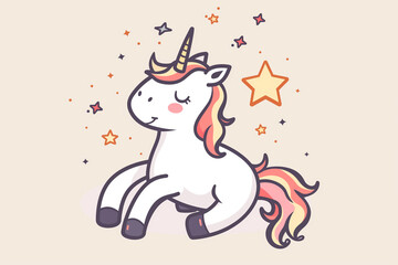 unicorn and stars simple drawing, flat cartoon.