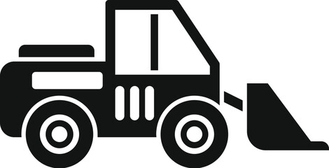 Graphic icon of a skid steer loader in bold black silhouette, suitable for construction themes