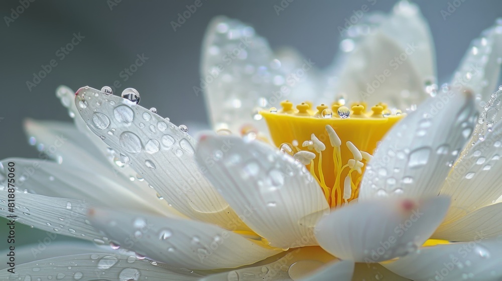Poster macro photography of dew drops sparkling on the surface of a white lotus flower