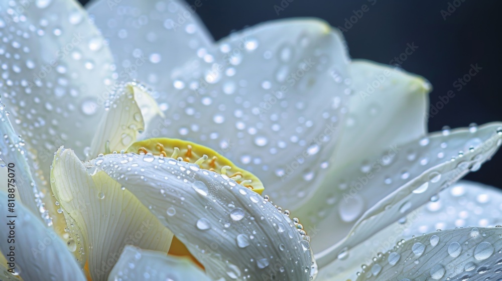 Poster macro photography of dew drops sparkling on the surface of a white lotus flower