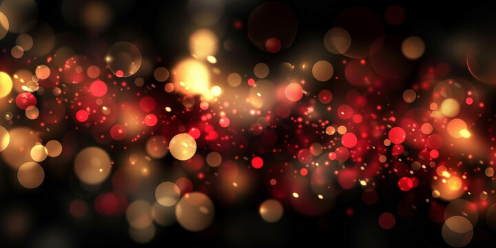 abstract background with red and gold  bokeh lights and particles on black background , a gold and red  background with lights, banner