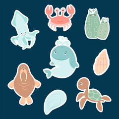 A set of stickers of the inhabitants of the seas and oceans. Whale, squid, shell, crab, walrus, turtle . Vector illustration.