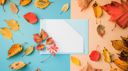 Blank card and autumn leaves on color background