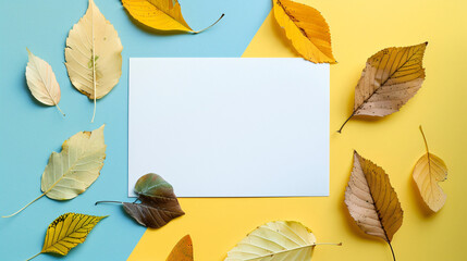 Blank card and autumn leaves on color background