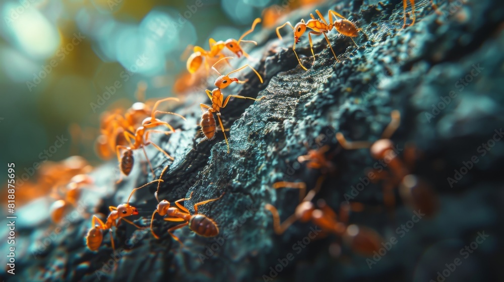 Poster Macro shot of ants interacting on a tree branch